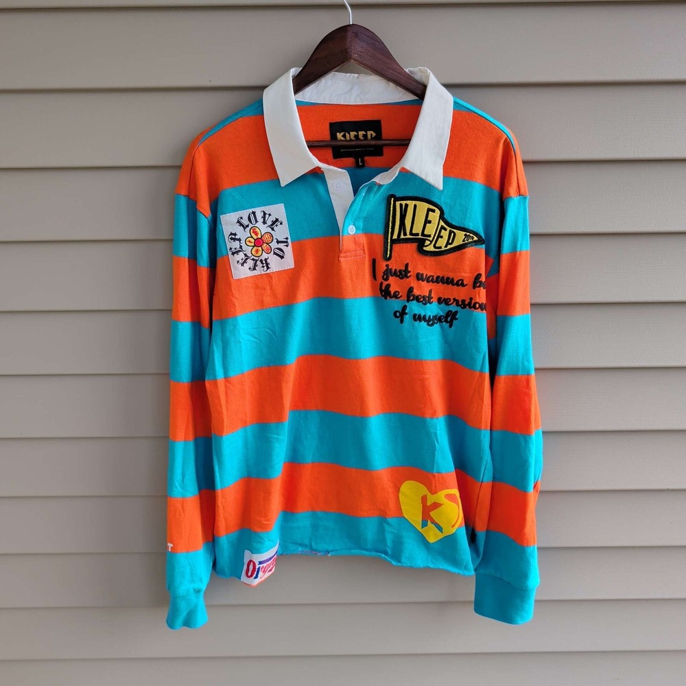 KLEEP Rugby Shirt Mens Large Orange Blue Striped Graphic Long Sleeve Raw Hem